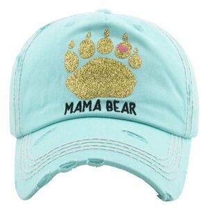 2/$30  Ladies Light Blue Mama Bear Glitter Paw Print Hat
